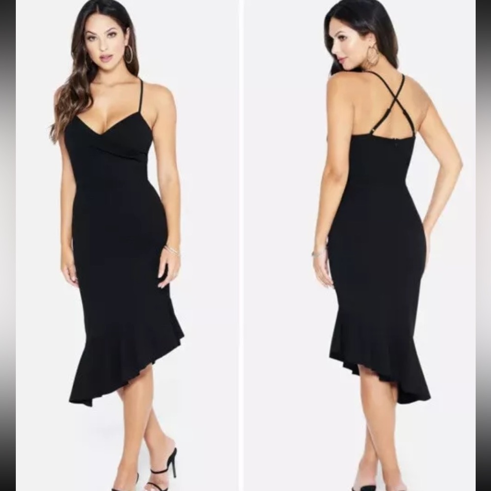 NWT Bebe black asymmetrical flounce hem cross-strap dress - M